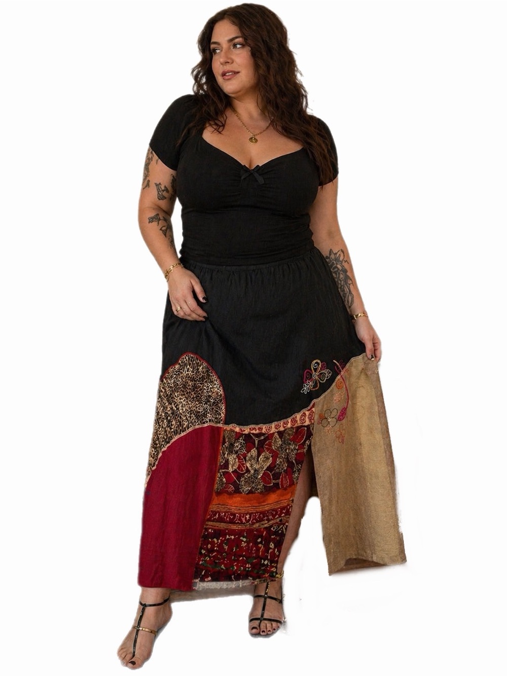 90s does 70s Vintage Koret Patchwork Embroidered Boho Midi Skirt Black/Multi 20W